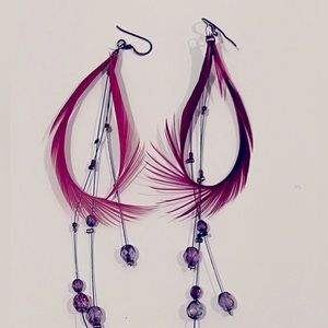 Vintage 1990s purple feather and bead drop earrings